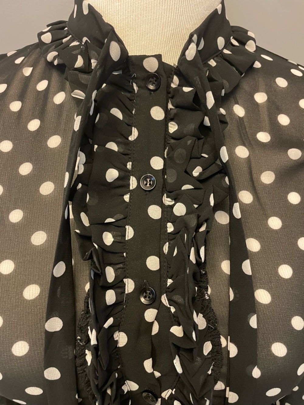 Fashion Nova Black and White Polka Dot Ruffle Tie-Neck Blouse - Picture 8 of 13